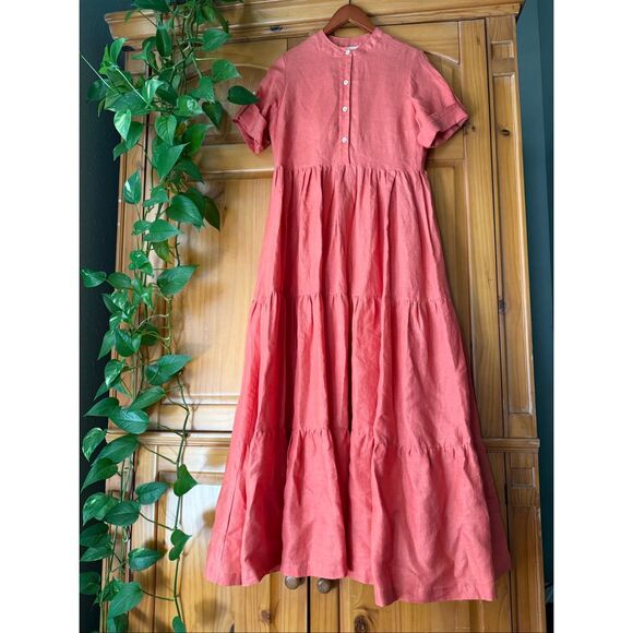Boho Linen Maxi Dress by HELSOL, Coral, Handmade in Mexico - Picture 3 of 14